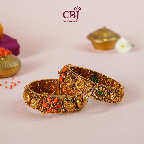 22K gold Antique Gold Statement Bangles 35 with elaborate hand-carved temple handwork, 51.54g