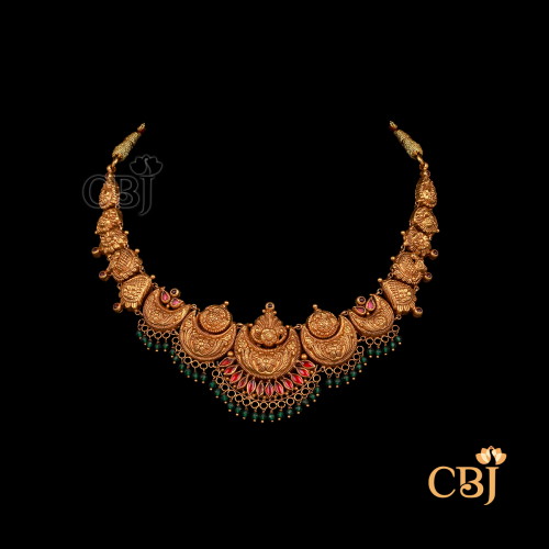 13 grams antique Nakshi short gold necklace with layered traditional patterns and a rich antique gold finish.