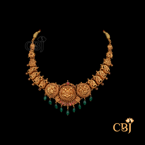 12 grams antique Nakshi short gold necklace with etched detailing, antique gold tone, and compact traditional styling.