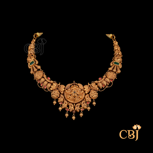 13 grams antique lightweight Nakshi short Necklace shown as a compact gold necklace with carved Nakshi detailing, antique texture, and a close neckline fit.