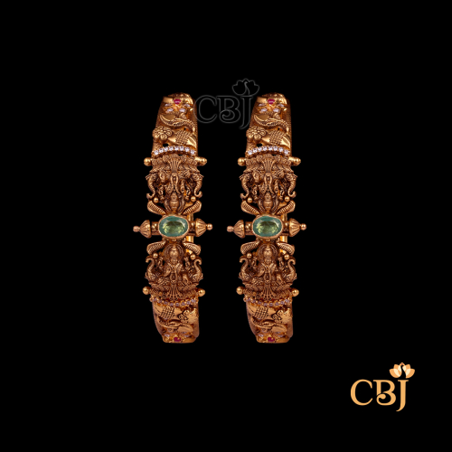 31 grams Nakshi Antique Bangles displayed as a pair of gold bangles with detailed Nakshi carvings, antique finish, and smooth circular wrist shape.