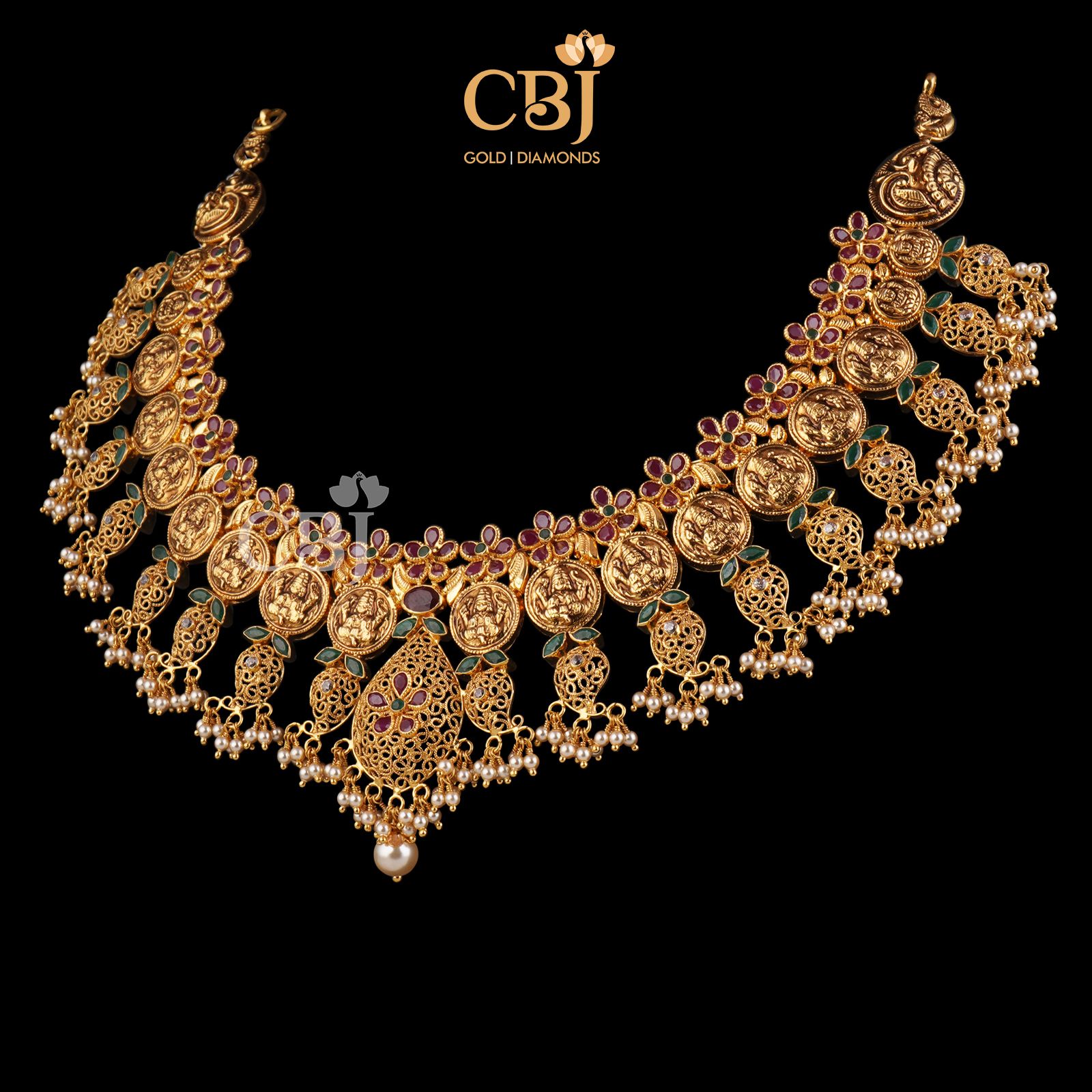 Ruby Studded Kasu With Mango Necklace
