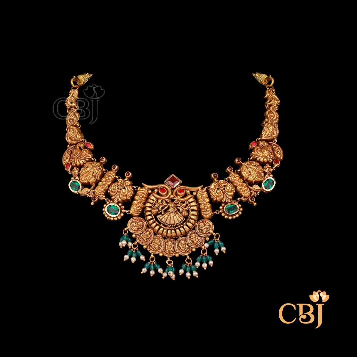 19 grams antique lightweight short Nakshi Necklace displayed as a gold necklace with intricate Nakshi carvings