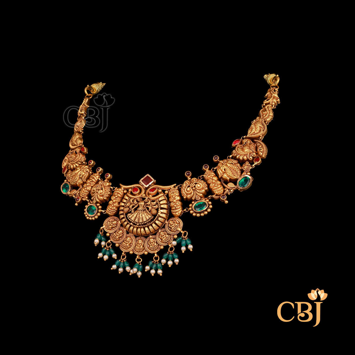 19 grams antique lightweight short Nakshi Necklace displayed as a gold necklace with intricate Nakshi carvings