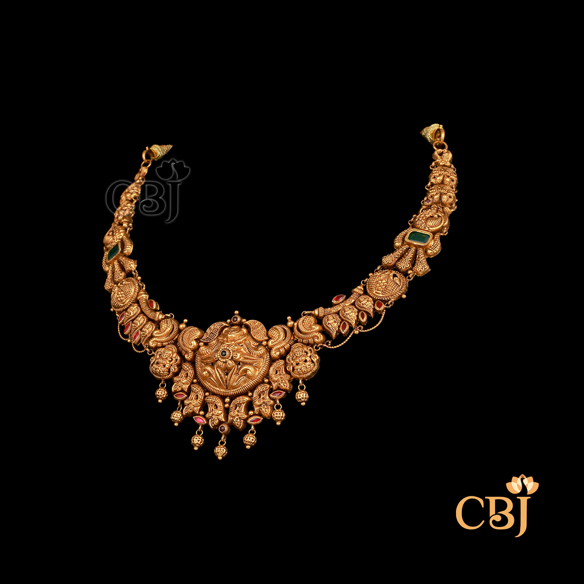 13 grams antique lightweight Nakshi short Necklace shown as a compact gold necklace with carved Nakshi detailing
