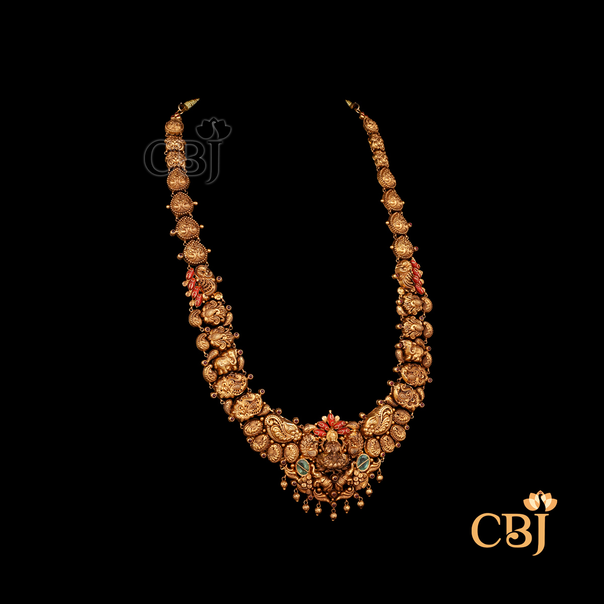 Side view of CBJ's 38 grams of Antique lightweight Nakshi long Haaram Necklace with coral