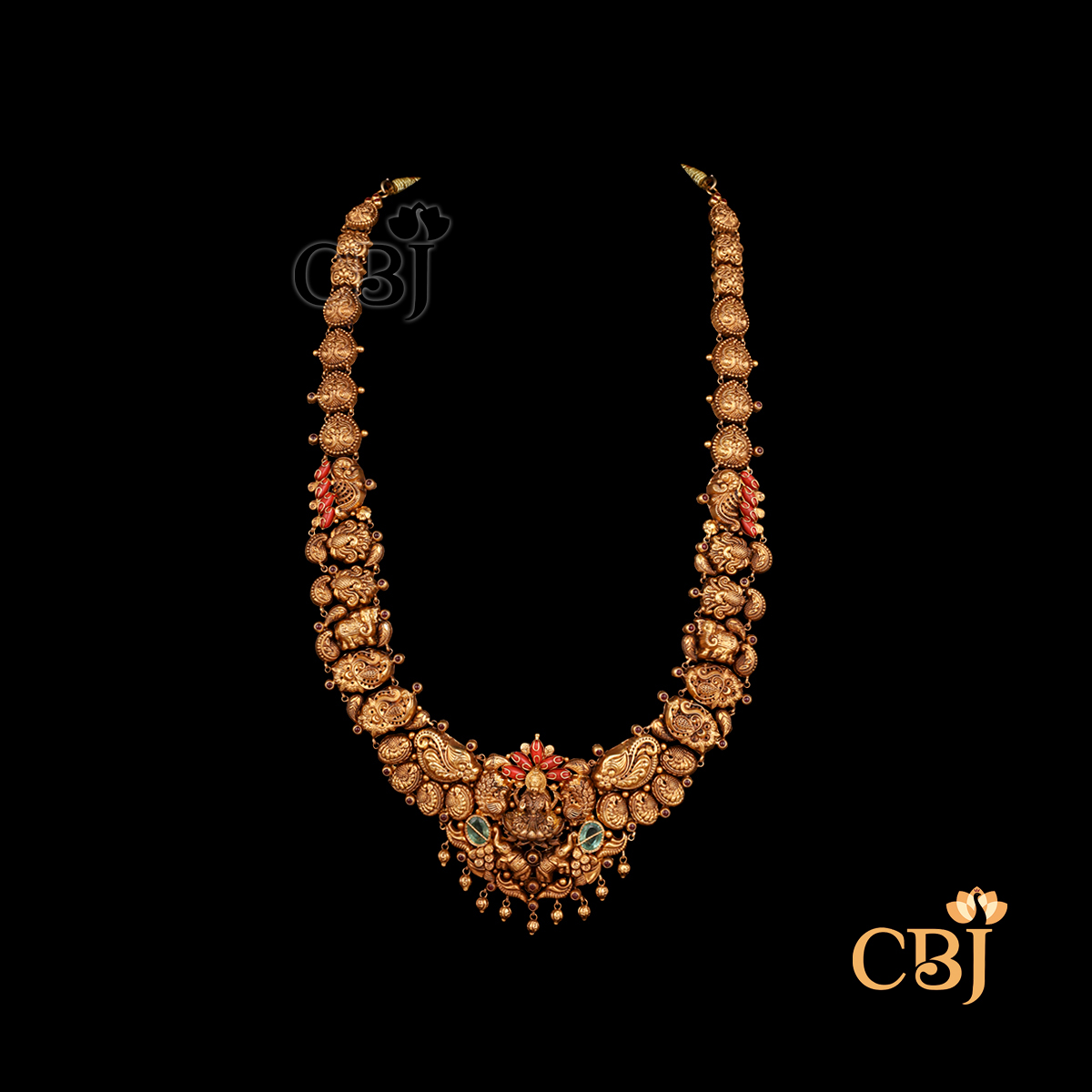 Front view of CBJ's 38 grams of Antique lightweight Nakshi long Haaram Necklace with coral