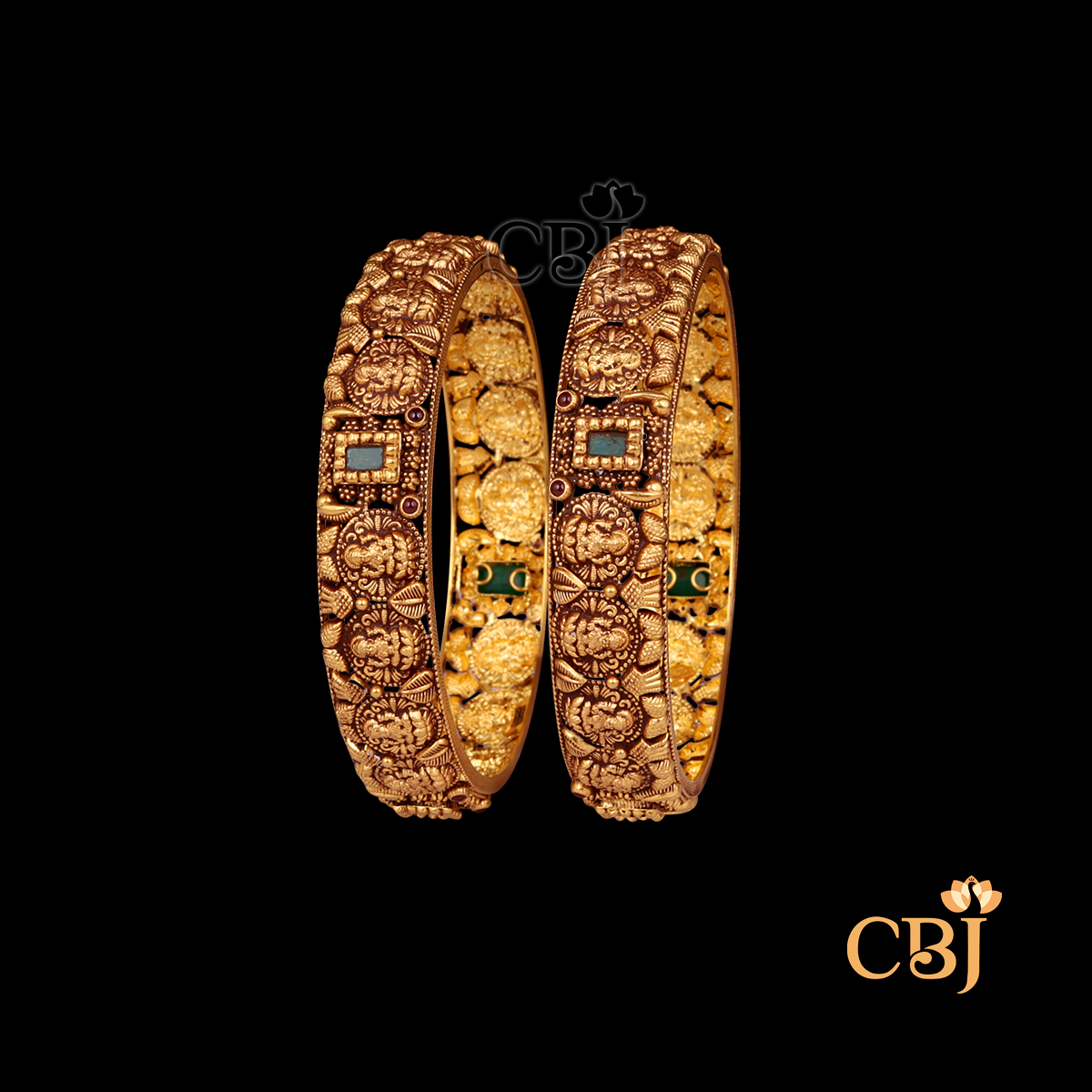 26 grams antique gold bangles set with delicate traditional patterns and a soft antique gold finish.